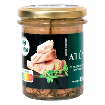 Filete de atún con tomillo en aceite de oliva Extra Carrefour 130 g.