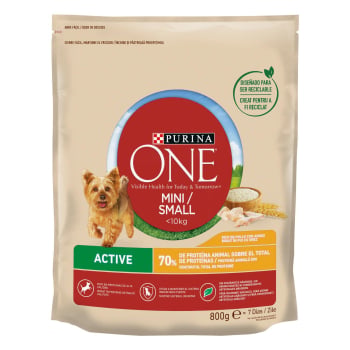 Pienso de pollo y arroz para perro adulto Mini Purina Active 800 g.
