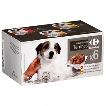 Comida húmeda de sabores surtidos para perros Carrefour 6 unidades de 150 g.