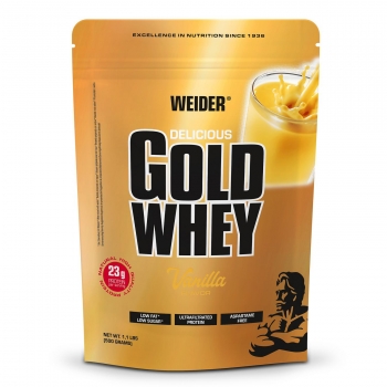 Proteína en polvo sabor vainilla Gold Whey Weider doy pack 500 g.