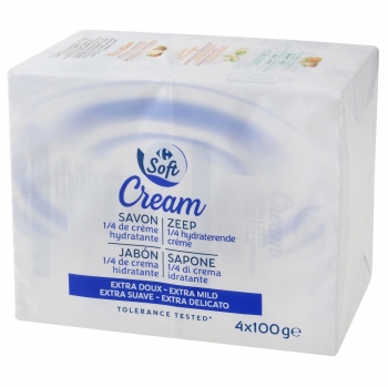 Jabón delicado 1/4 crema hidratante Carrefour Soft pack de 4 unidades de 100 g.