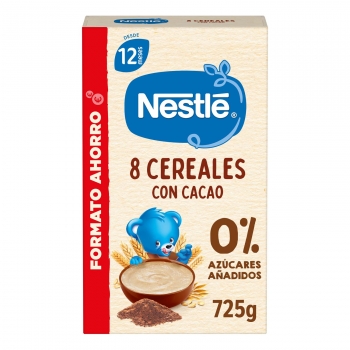 Papilla infantil desde 12 meses 8 cereales con cacao Nestlé sin azúcar añadido 725 g.