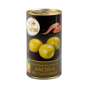 Aceitunas rellenas de anchoas del Cantábrico Extra Carrefour 150 g.