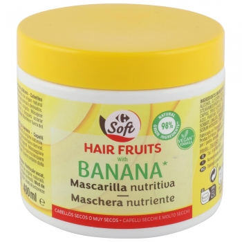 Mascarilla capilar nutritiva con banana para cabellos secos o muy secos Hair Fruits Carrefour Soft 400 ml.