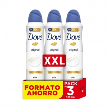 Desodorante en spray antitranspirante 48h 0% Alcohol Original Dove pack de 3 unidades de 250 ml.