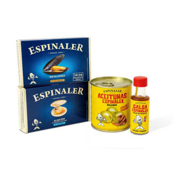 Pack Tourmalet Espilaner de mejillones en escabeche, almejón al natural, aceitunas rellenas 200 g y salsa 20 ml.