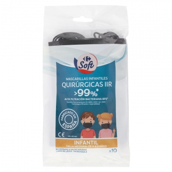 Mascarilla quirúrgica desechables infantiles IIR negras Carrefour Soft 10 ud.