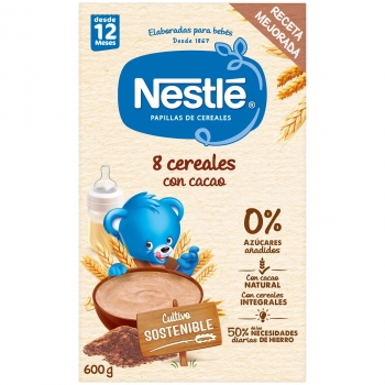 Papilla infantil desde 12 meses 8 cereales con cacao Nestlé 600 g.