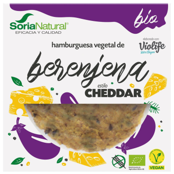 Hamburguesa vegetal de berenjena estilo cheddar ecológico Soria Natural sin gluten pack de 2 unidades de 100 g. 2 x 100 g