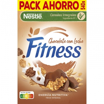 Cereales de trigo integral, arroz y avena integral tostados con chocolate con leche Fitness Nestlé 540 g.