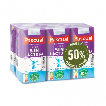 Leche semidesnatada Pascual sin lactosa pack de 6 briks de 200 ml.