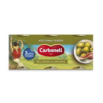 Aceitunas verdes rellenas de anchoa Carbonell pack de 3 unidades de 50 g. 3 x 50 g