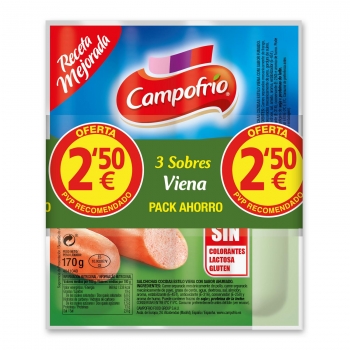 Salchichas viena Campofrío sin gluten sin lactosa pack de 3 unidades de 170 g.