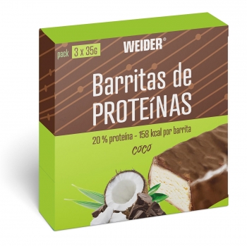 Barritas de proteínas sabor coco Weider pack de 3 barritas de 35 g.