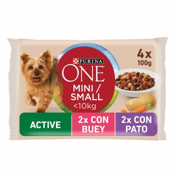 Comida húmeda de buey y pato para perros Mini Purina One Active pack de 4x100 g.