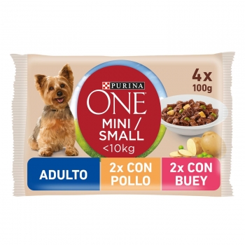 Comida húmeda de pollo y buey para perro adulto mini Purina One pack 4x100 g.