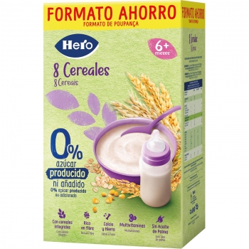 Papilla infantil desde 6 meses 8 cereales Hero Baby sin azúcar añadido 820 g.