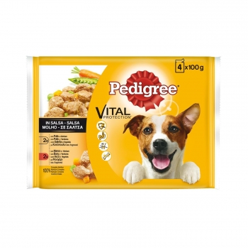 Comida húmeda de pollo y buey con verduras en salsa para perro Pedigree pack de 4 unidades de 100 g.