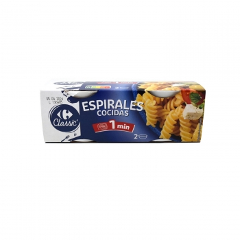 Pasta espirales cocidas para microondas Classic Carrefour pack de dos unidades de 125 g.