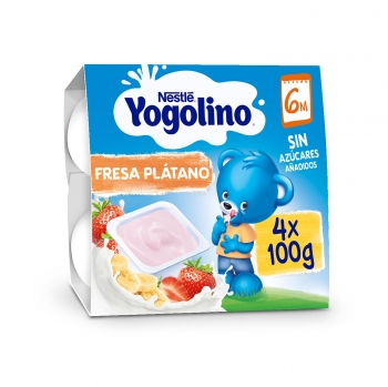 Postre lácteo de fresa y plátano desde 6 meses sin azúcares añadidos Nestlé Yogolino sin gluten sin aceite de palma pack de 4 unidades de 100 g.