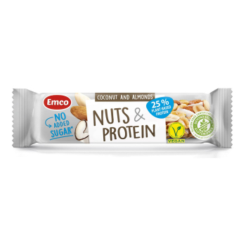 Barritas proteína de coco y almendras Emco sin gluten y sin azúcar añadido 35 g.