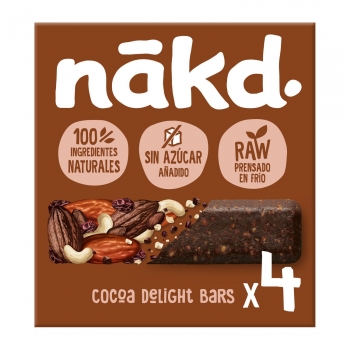 Barrita de frutas y anacardos con cacao sin azúcar añadido Nakd sin gluten pack de 4 unidades de 35 g.