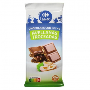 Chocolate con leche y avellanas troceadas Carrefour 150 g.