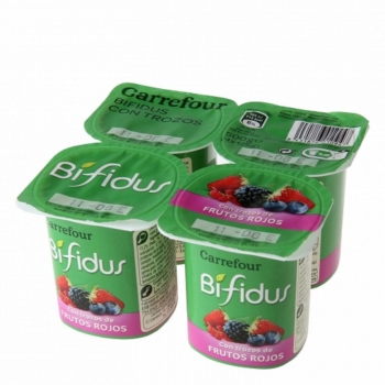 Bífidus con trozos de frutos rojos Carrefour pack de 4 unidades de 125 g.