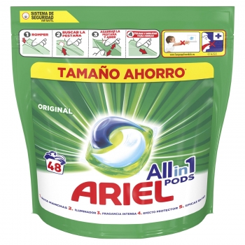 Detergente en cápsulas original Todo en Uno Pods Ariel 48 lavados.