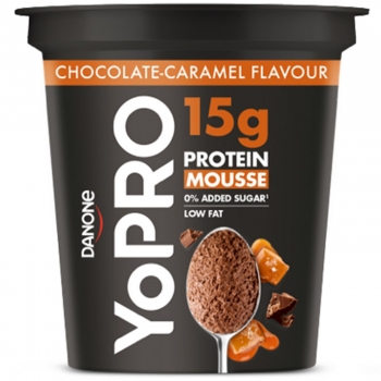 Mousse sabor a chocolate y caramelo salado con proteínas Yopro Danone sin gluten y sin azúcar 150 g.