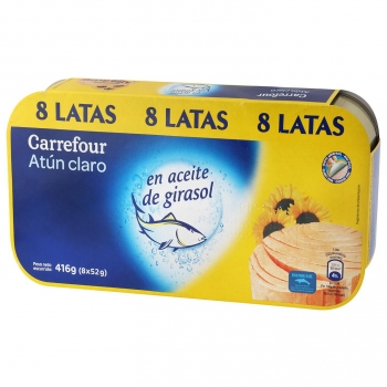 Atún claro en aceite de girasol Carrefour pack de 8 latas de 52 g.