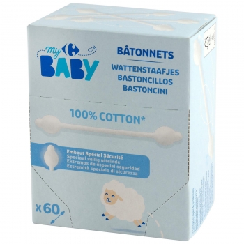 Bastoncillos de algodón Carrefour Baby 60 ud. 