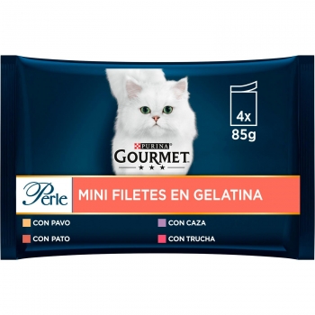 Comida húmeda finas láminas de gelatina para gato adulto Purina Gourmet Perle 4x85 g.