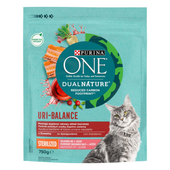 Pienso esterilizado sistema urinario de salmón y arándanos para gato Purina One Dual Nature 750 g.