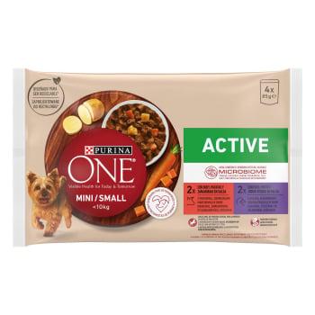 Comida húmeda de pato y buey en salsa microbioma intestinal equilibrado para perro mini active Purina One 4x85 g.
