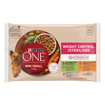 Comida húmeda control de peso esterilizado de pavo y pollo microbioma intestinal equilibrado para perro mini Purina One 4x85 g.