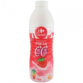 Yogur desnatado líquido de fresa sin azúcar añadido con edulcorante Carrefour 1 kg.