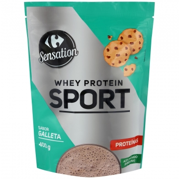 Preparado para batido de proteínas sabor galleta Whey Protein Sport Sensation Carrefour doy pack 400 g.