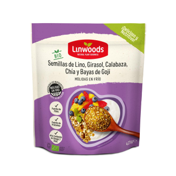 Semillas de lino, girasol, calabaza, chía y bayas de goji molidas ecológicas Linwoods sin gluten doy pack 425 g.