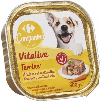 Comida húmeda de pavo con zanahorias para perros adultos Carrefour 300 g.