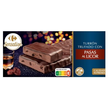 Turrón trufado con pasas al licor Carrefour Sensation sin gluten 250 g.