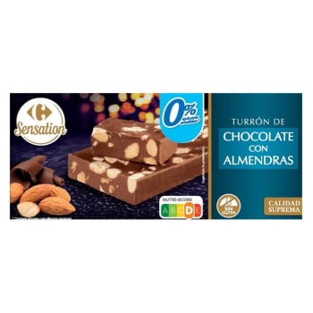 Turrón de chocolate con almendras Carrefour Sensation sin gluten y sin azúcar añadido 200 g.
