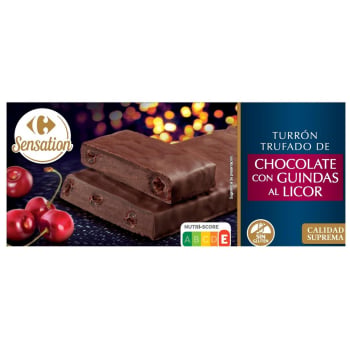 Turrón trufado de chocolate con guindas al licor Carrefour Extra sin gluten 200 g.