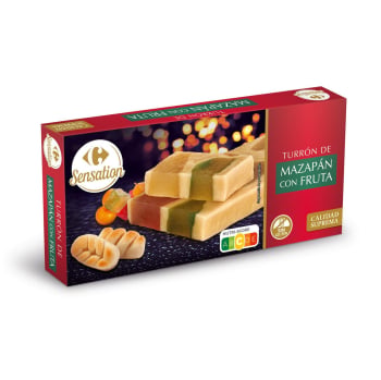 Turrón de mazapán con frutas Carrefour Sensation sin gluten 250 g.