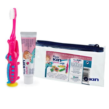 Pack infantil viaje Kin: cepillo dientes 1 ud, dentífrico 25 ml y neceser