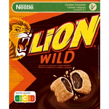 Cereales integrales rellenos de chocolate sabor caramelo Lion Wild Nestlé 360 g.