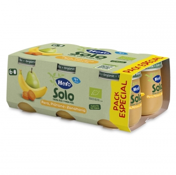 Tarrito de pera, plátano y zanahoria desde 4 meses ecológico Hero Solo sin gluten pack de 6 unidades de 120 g.