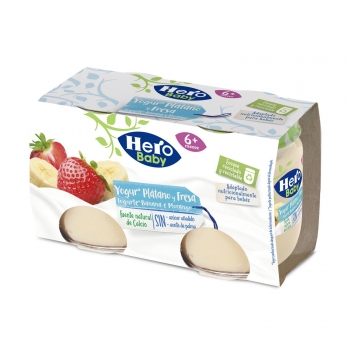 Tarrito de yogur con plátano y fresas desde 6 meses sin azúcar añadido Hero Baby sin gluten pack de 2 unidades de 120 g.
