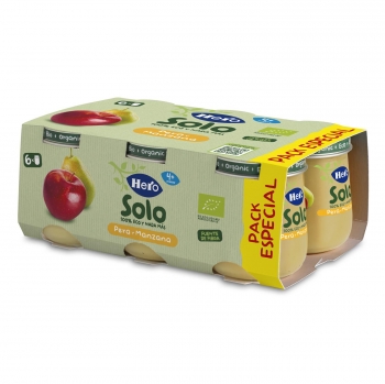 Tarrito de pera y manzana desde 4 meses ecológico Hero Solo sin gluten pack de 6 unidades de 120 g.