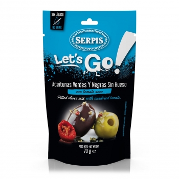 Aceitunas verdes y negras sin hueso con tomate seco Serpis pack 70 g.